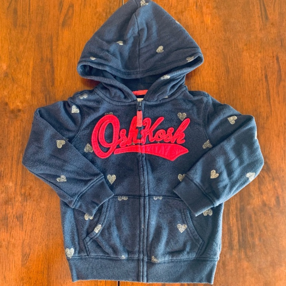 Oshkosh Girls Navy Blue with Pink Appliqué Front Zip Hoodie, size 3T